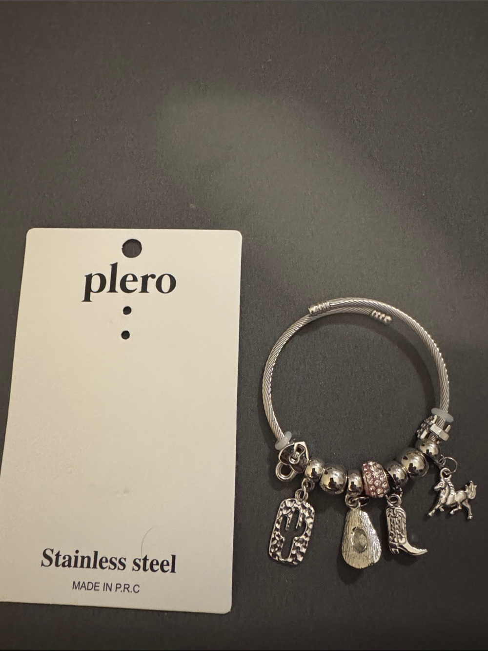 Plero Silver Western Charm Bracelet with Pink Accent